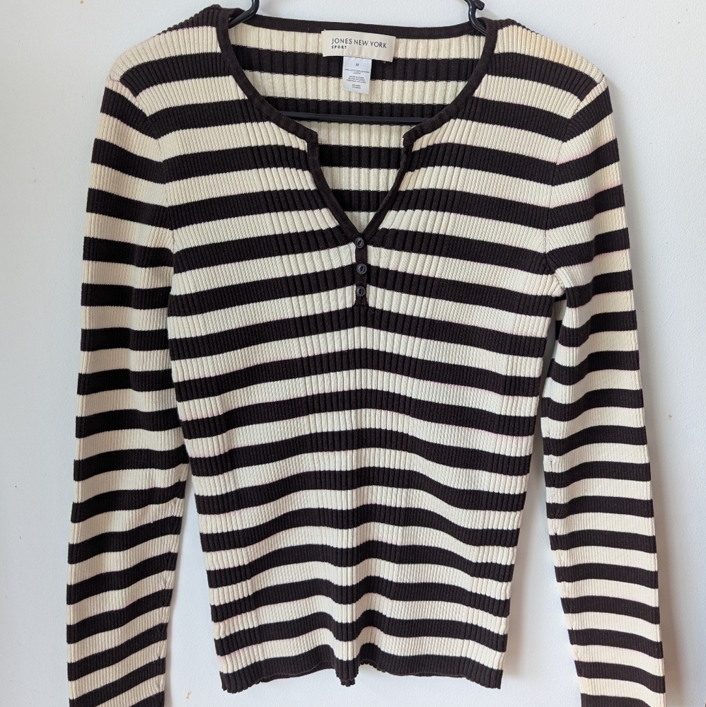 Jones New York Brown and Cream Ribbed Lightweight Sweater - Long Sleeve - Size M
